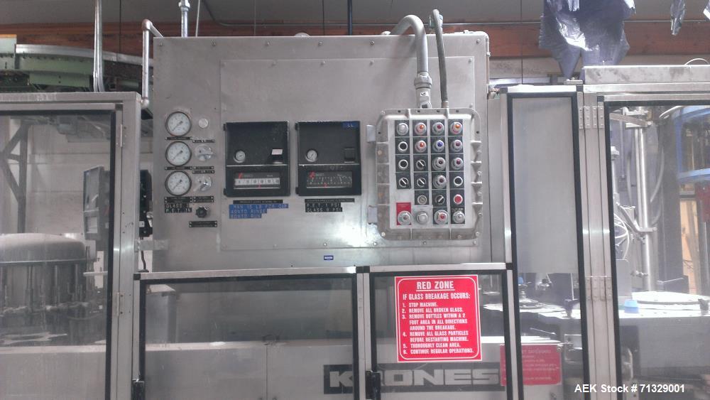 Used Krones Starmatic 62 Head Monoblock Liquid Bottling Line. Includes General Machinery caser and conveyors.