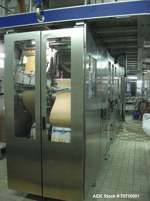 Used Tetra Pak Tetra Top TT3 Filling Machine.  Maximum capacity 9,000 units per hour, 3/50 hz/400V, filling volumes 0.13, 0.19 or 0.26 gallons (500, 750, 1000 ml), (2) Tetra cappers, CE certified.
