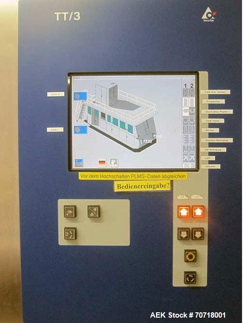 Used Tetra Pak Tetra Top TT3 Filling Machine.  Maximum capacity 9,000 packages per hour, package sizes 0.13, 0.19 and 0.26 gallons (500, 750, 1000 ml), sterilization H2O2.  Comprised of:  (2) screw c...