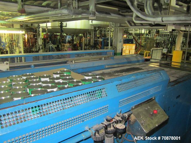 Used Complete Theile Paint Can Filling Line.  Line consists of a General Conveyor Systems semi-automatic can depalletizer, Mateer Burt 4086 roll through labeler with Valco cold glue lap seal, Thiele ...