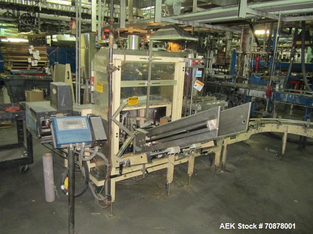 Used Complete Theile Paint Can Filling Line.  Line consists of a General Conveyor Systems semi-automatic can depalletizer, Mateer Burt 4086 roll through labeler with Valco cold glue lap seal, Thiele ...