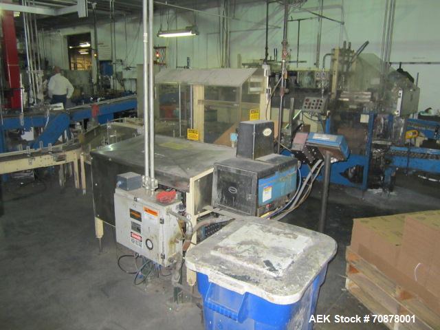 Used Complete Theile Paint Can Filling Line.  Line consists of a General Conveyor Systems semi-automatic can depalletizer, Mateer Burt 4086 roll through labeler with Valco cold glue lap seal, Thiele ...