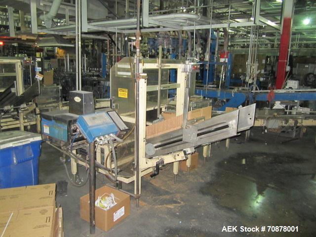 Used Complete Theile Paint Can Filling Line.  Line consists of a General Conveyor Systems semi-automatic can depalletizer, Mateer Burt 4086 roll through labeler with Valco cold glue lap seal, Thiele ...