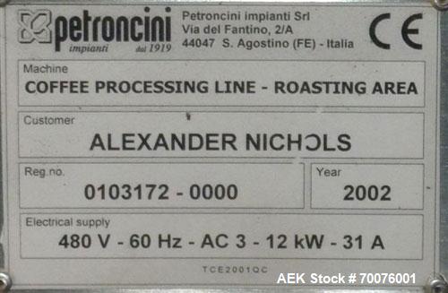 Used Coffee Roasting System: ) Petroncini TTA 60 Roaster(60KG per batch with output of 3 to 4 batches per hour) with ELP 60 pneumatic loaders, Petroncini Main 300 coffee grinder, Petroncini BFT 60 af...