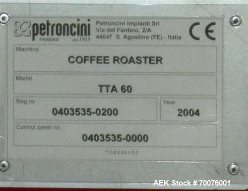 Used Coffee Roasting System: ) Petroncini TTA 60 Roaster(60KG per batch with output of 3 to 4 batches per hour) with ELP 60 pneumatic loaders, Petroncini Main 300 coffee grinder, Petroncini BFT 60 af...