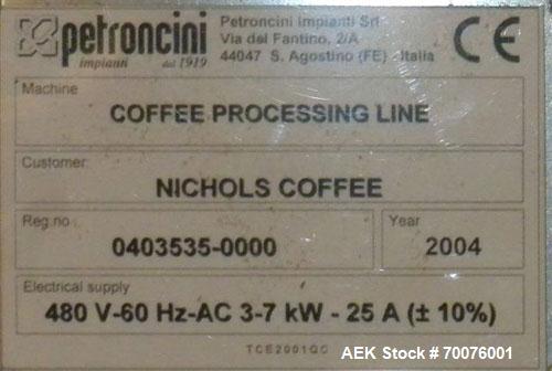 Used Coffee Roasting System: ) Petroncini TTA 60 Roaster(60KG per batch with output of 3 to 4 batches per hour) with ELP 60 pneumatic loaders, Petroncini Main 300 coffee grinder, Petroncini BFT 60 af...