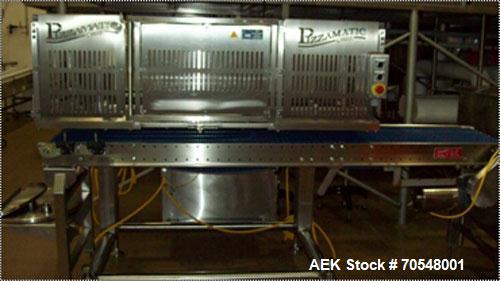 Used Complete Pizza Processing and Packaging Line.  Line consists of Pizzamatic sauce depositors, cheese shredders, transfer conveyors, Pizzamatic waterfall cheese applicator, sausage applicator, pep...