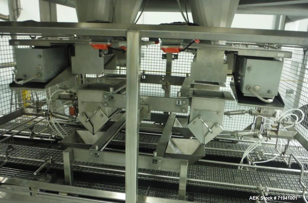 Used Complete Flexline Frozen Meal Kitchen and Assembly Production Line. Accuracy: Precision meal component placement within a tray. Variety: 11 depositing stations for meal components, sauce, glaze ...