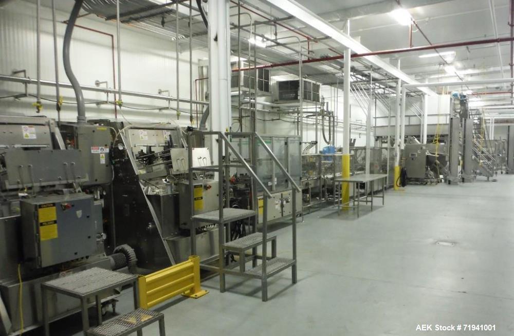 Used Complete Flexline Frozen Meal Kitchen and Assembly Production Line. Accuracy: Precision meal component placement within a tray. Variety: 11 depositing stations for meal components, sauce, glaze ...