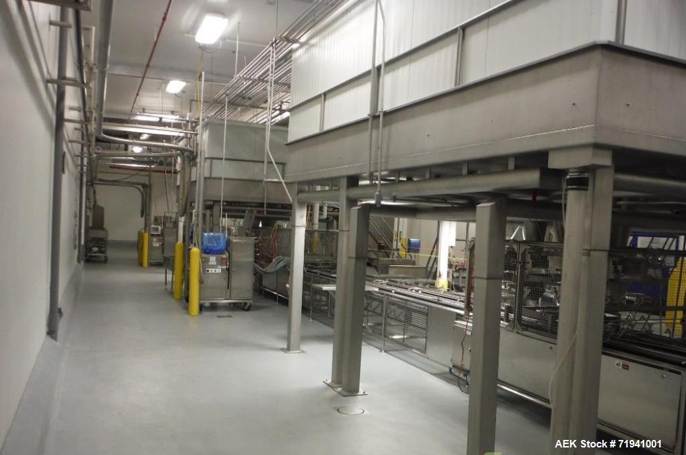 Used Complete Flexline Frozen Meal Kitchen and Assembly Production Line. Accuracy: Precision meal component placement within a tray. Variety: 11 depositing stations for meal components, sauce, glaze ...