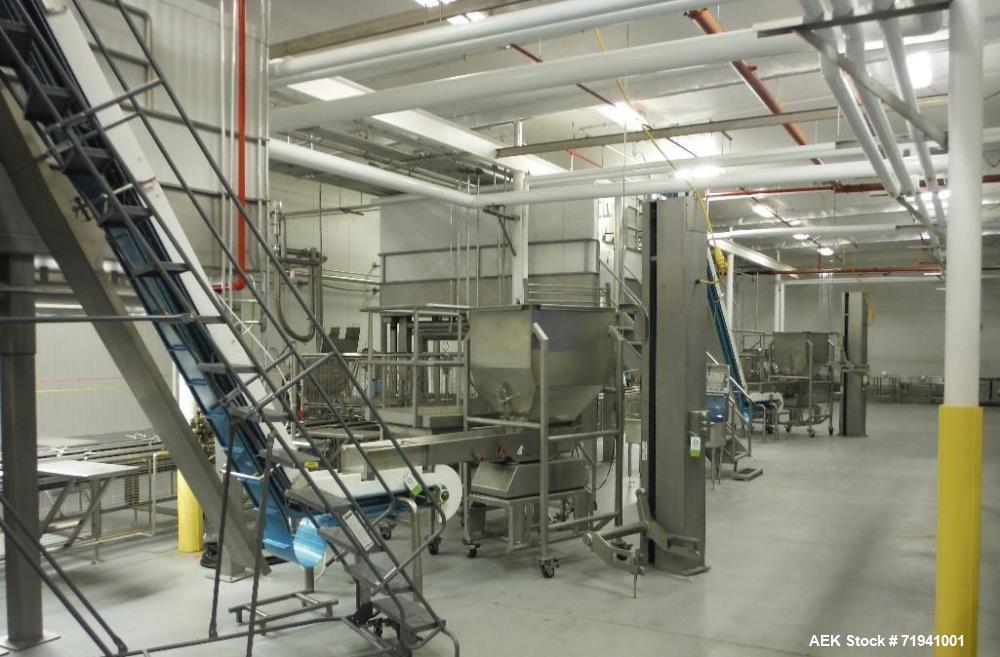 Used Complete Flexline Frozen Meal Kitchen and Assembly Production Line. Accuracy: Precision meal component placement within a tray. Variety: 11 depositing stations for meal components, sauce, glaze ...