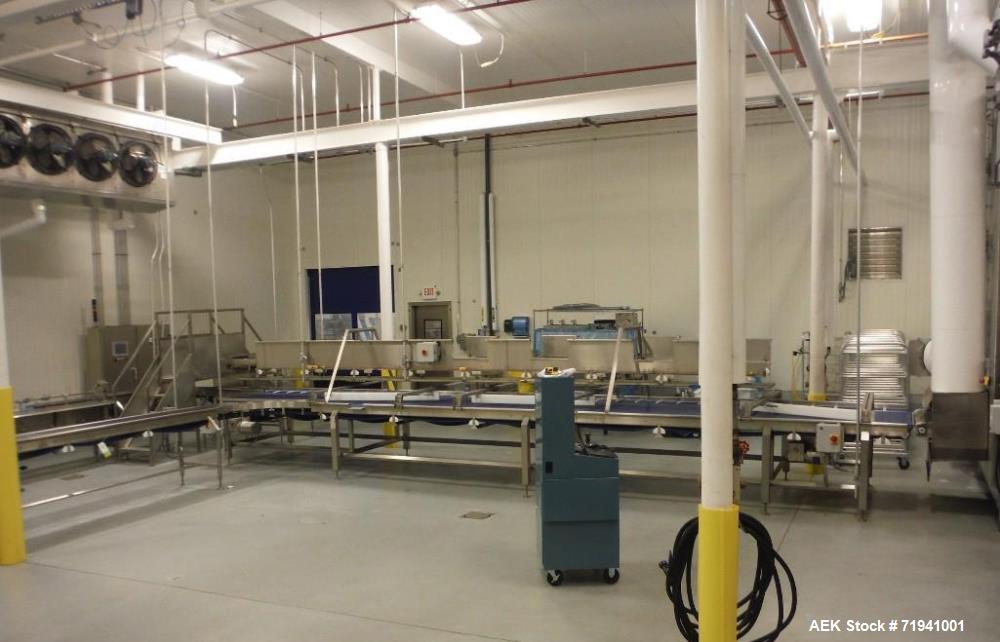Used Complete Flexline Frozen Meal Kitchen and Assembly Production Line. Accuracy: Precision meal component placement within a tray. Variety: 11 depositing stations for meal components, sauce, glaze ...