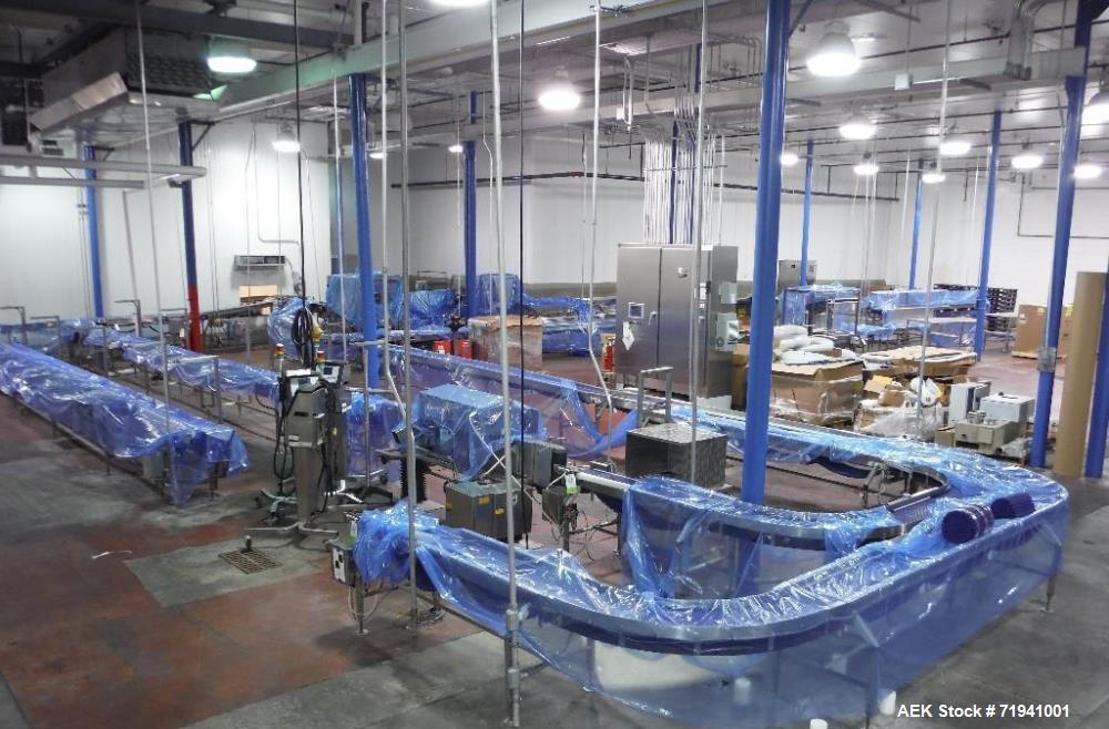 Used Complete Flexline Frozen Meal Kitchen and Assembly Production Line. Accuracy: Precision meal component placement within a tray. Variety: 11 depositing stations for meal components, sauce, glaze ...