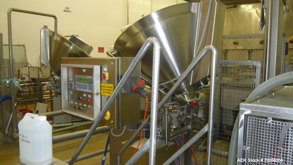 Used Mondini Line for Packaging Dough. (1) Unfeeder for cups. (2) 2 Mondini dosers. (3) Mondini sealer. Stainless steel.