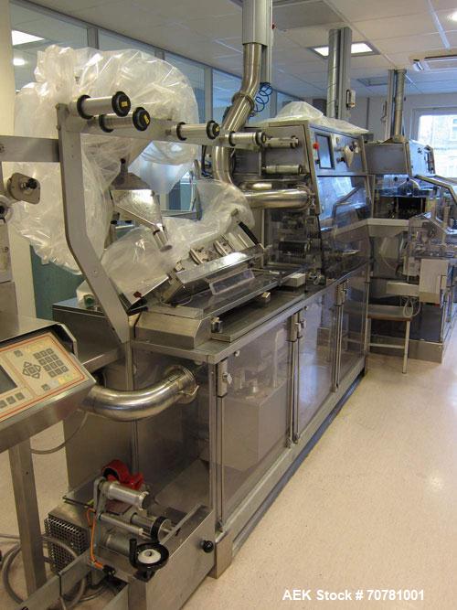 Used IMA TR-135 blister packaging line consisting of the following: IMA model TR-135 blister packaging machine. Has blister size range (Width) 30mm-88mm x (Length) 60mm-135mm x (Depth) 3mm-12mm. Spee...