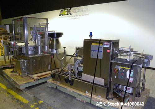 Used Kalish Swiftpack Monocount Tablet/Capsule Filling Line, approximately 60 bottles per minute, consisting of: (1) Kalish 24’’ diameter accumulating table, model 7546, stainless steel construction,...