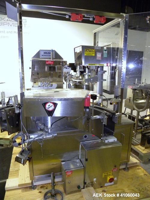 Used Kalish Swiftpack Monocount Tablet/Capsule Filling Line, approximately 60 bottles per minute, consisting of: (1) Kalish 24’’ diameter accumulating table, model 7546, stainless steel construction,...