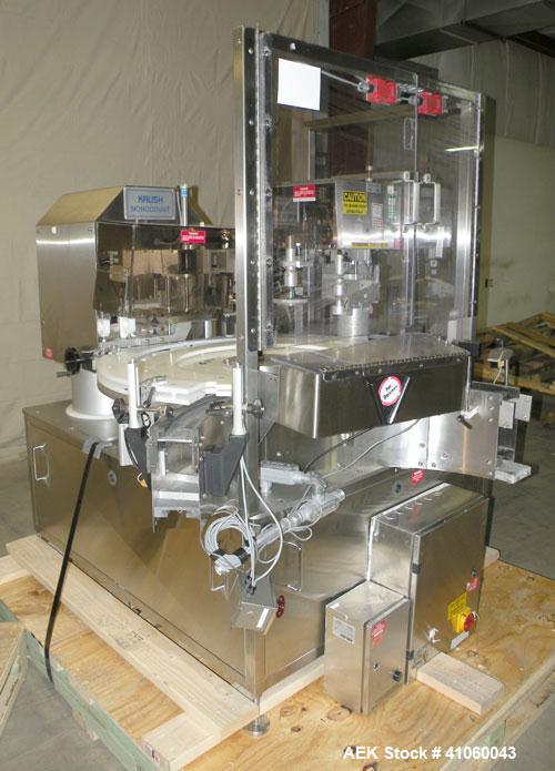 Used Kalish Swiftpack Monocount Tablet/Capsule Filling Line, approximately 60 bottles per minute, consisting of: (1) Kalish 24’’ diameter accumulating table, model 7546, stainless steel construction,...