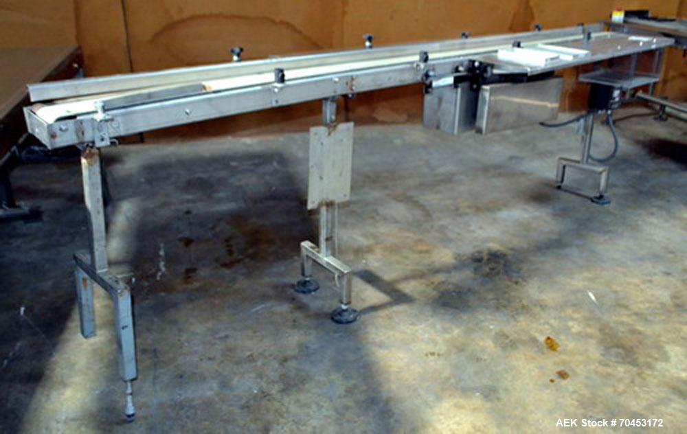 Used Bryant Belt Type 10’L x 5”W Conveyor, Model 100-6-MSSFBP, S/N 51004.  This conveyor has a drive, has 12” dual stainless steel side leaves.  It has VFD.