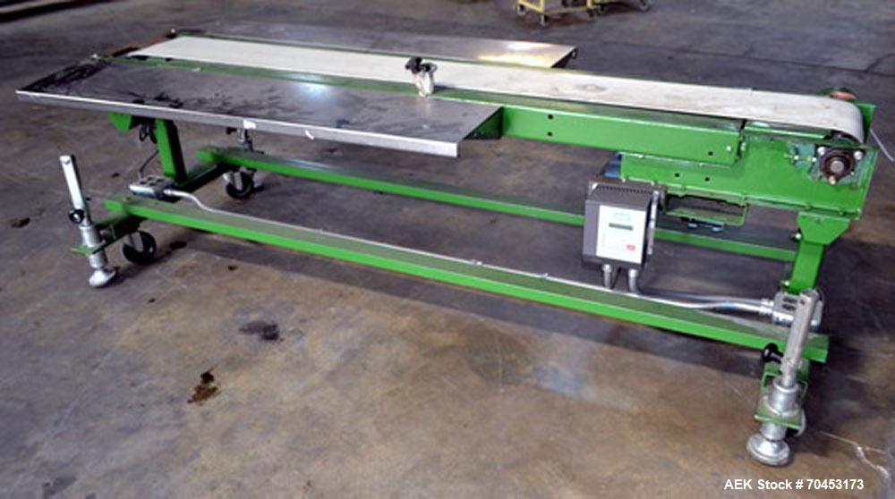 Used Belt Conveyor. Approximate 10" wide x 88" long belt. Has motor, and controller. Mounted on a carbon steel frame.