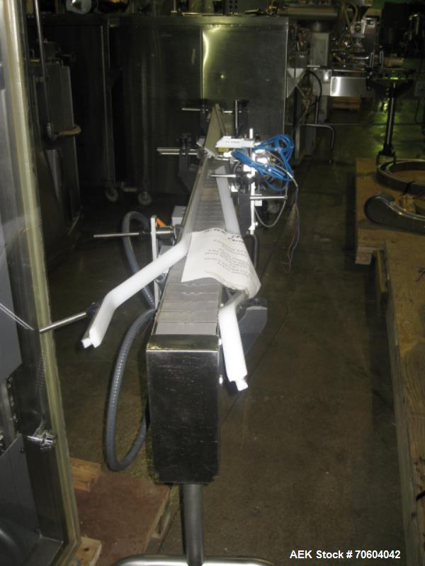 Used Kalish slat converyor, stainless steel side rails, 4" wide x 93" long with motor.