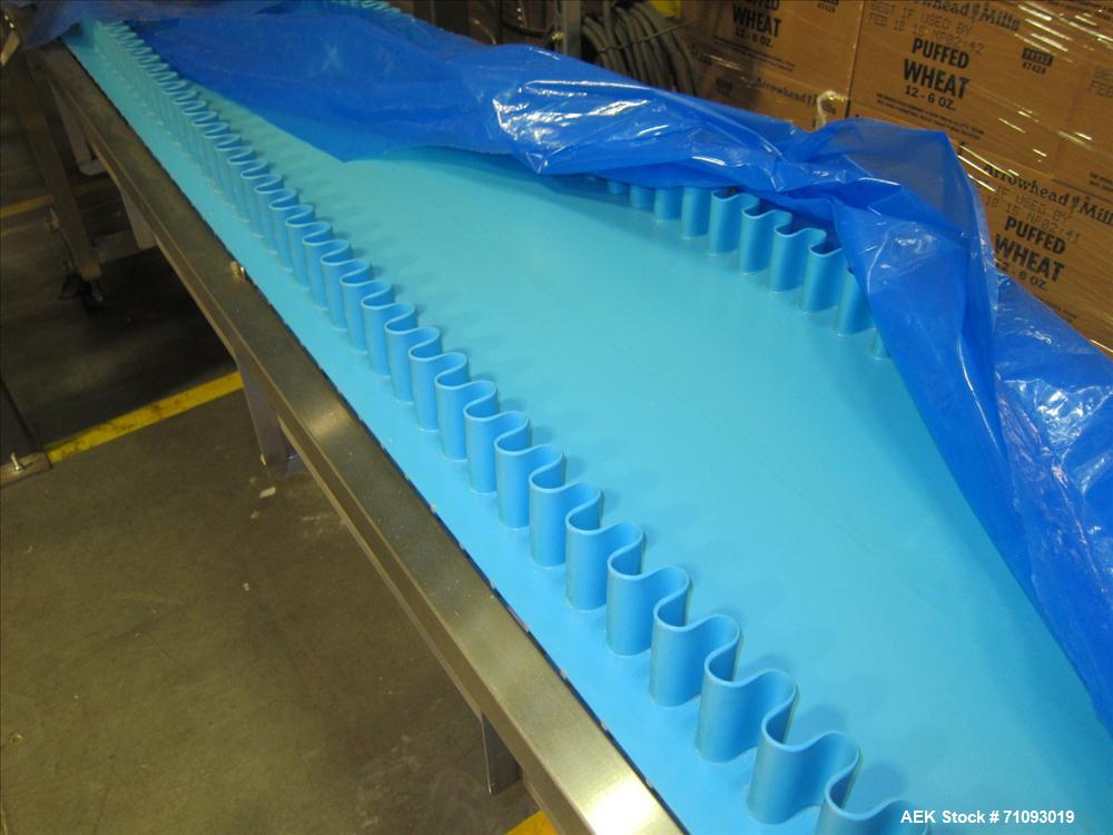 Used Stainless Steel Tabletop Belt Conveyor. Mounted on casters. 288" (long) X 25.4" (wide).