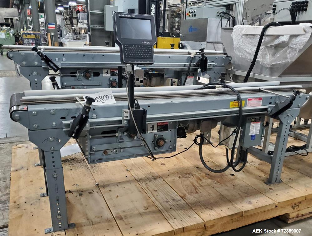 Used Belt Conveyor with Foxjet Thermal Inkjet Printer / Case Coder. Belt approximately 78" wide x 12" long. Includes Foxjet solo series 90 thermal inkjet printer, 1" print head, 7" touchscreen hmi. H...