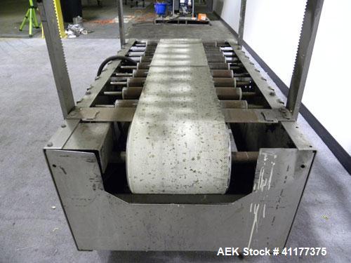Used ABC Packaging Compression Section Powered Roller Conveyor, Model 47. Top belt 8" wide x 44" long, bottom driven belt 10" wide x 44" long. Driven by a 3/4 hp, 3/60/230/460 volt, 1740 rpm gearmoto...