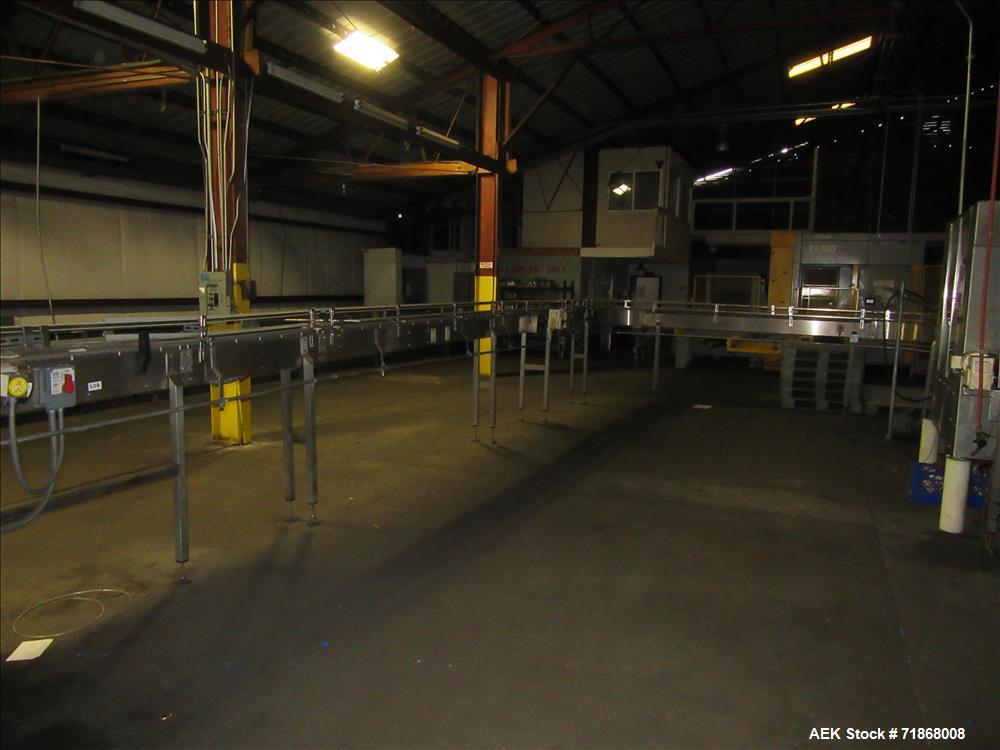 Used American Conveyor stainless steel conveyor system includes (2) Leeson drive motors, (2) 90 degree radius turn sections, and (3) straight runs -SUBJECT TO ENTIRETY BID
