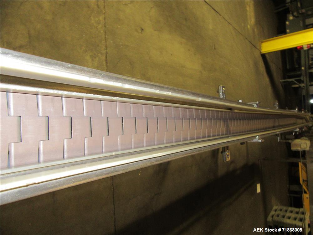 Used American Conveyor stainless steel conveyor system includes (2) Leeson drive motors, (2) 90 degree radius turn sections, and (3) straight runs -SUBJECT TO ENTIRETY BID