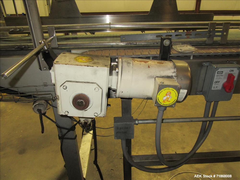Used American Conveyor stainless steel conveyor system includes (2) Leeson drive motors, (2) 90 degree radius turn sections, and (3) straight runs -SUBJECT TO ENTIRETY BID