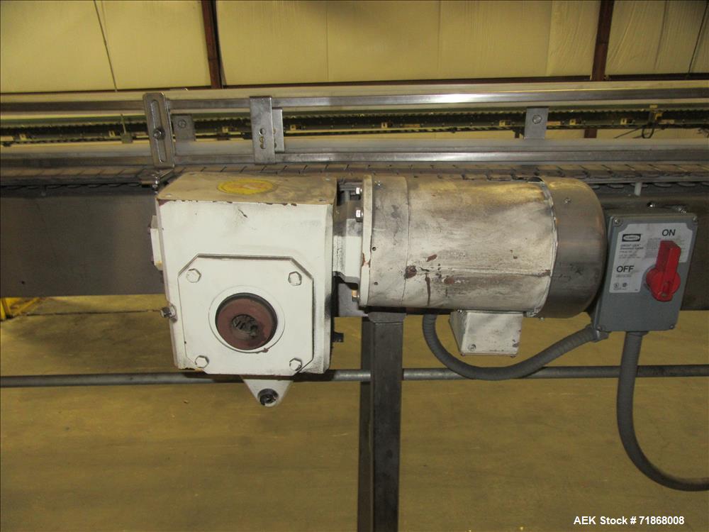 Used American Conveyor stainless steel conveyor system includes (2) Leeson drive motors, (2) 90 degree radius turn sections, and (3) straight runs -SUBJECT TO ENTIRETY BID