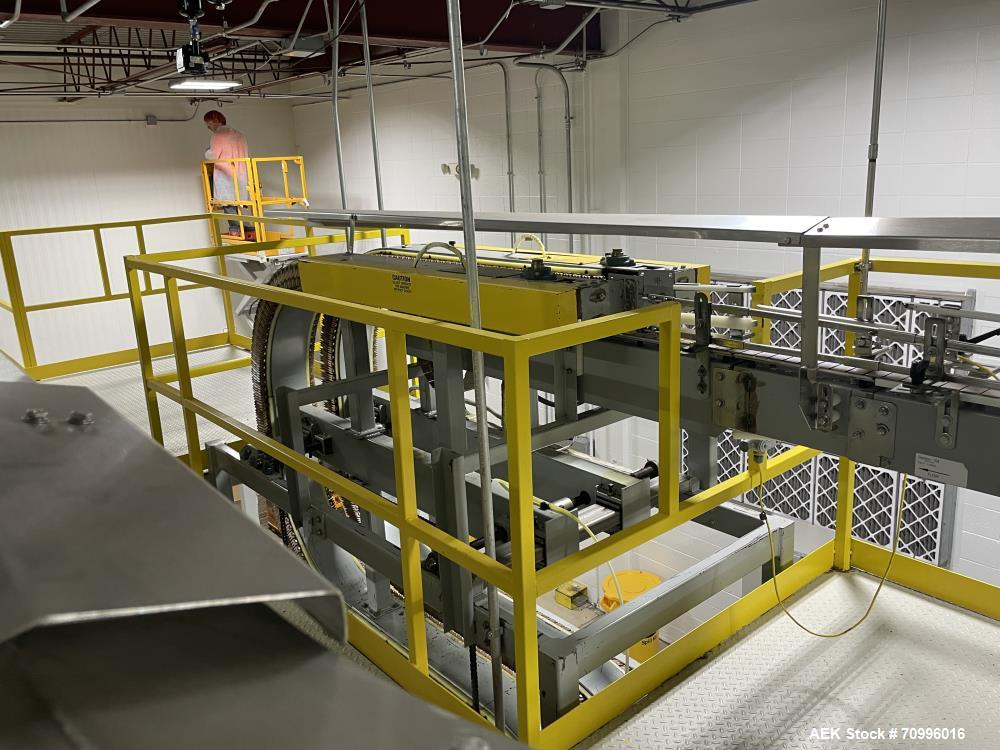 Used Sentry Bottle/cannister Lowerator. Serial Number 1687. Last used with Sentry double high bulk depalletizer with slip sheet dispenser on powdered drink products. Unit is currently installed.
