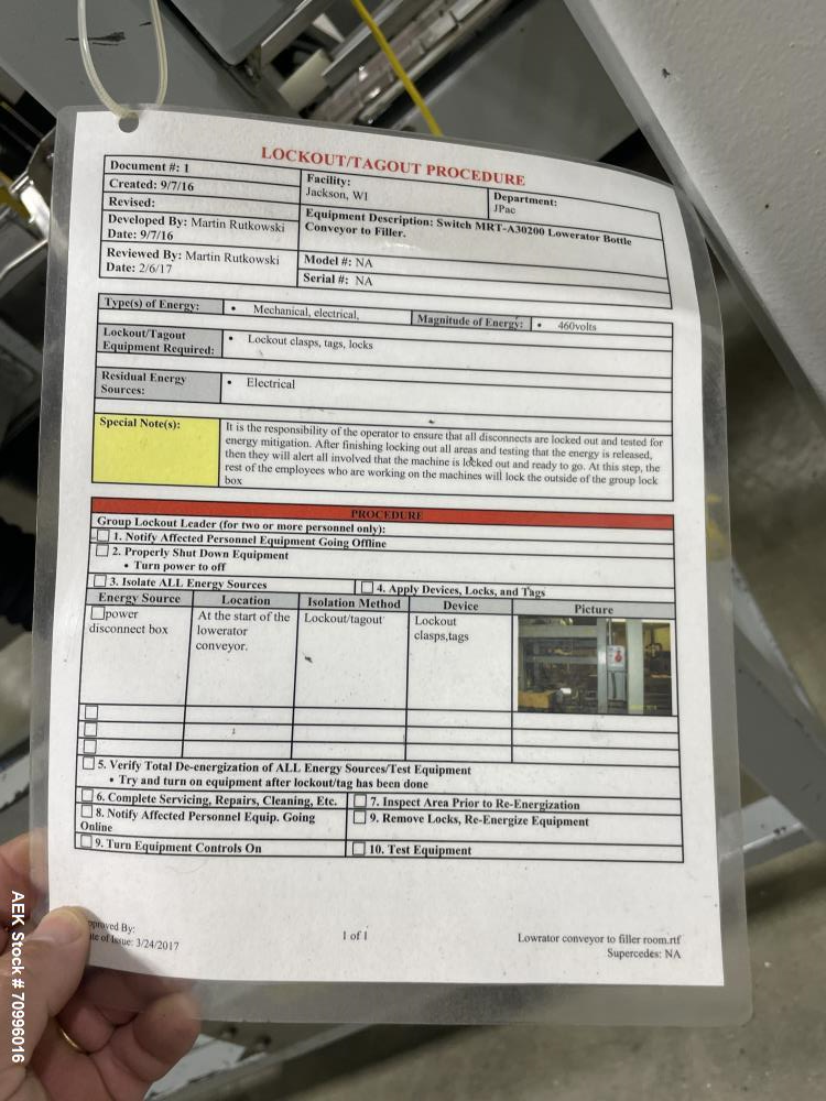 Used Sentry Bottle/cannister Lowerator. Serial Number 1687. Last used with Sentry double high bulk depalletizer with slip sheet dispenser on powdered drink products. Unit is currently installed.