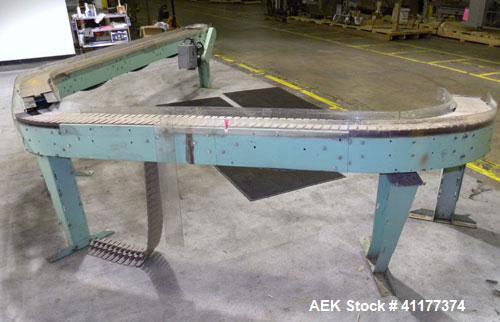 Used Arrowhead Table Top "C" Shape Conveyor. (2) sections with a 90 deg turn, 7 1/2" wide x 8' long straight section, 45 deg turn into a 7 1/2" wide x 10' long straight section. Plastic chain driven ...