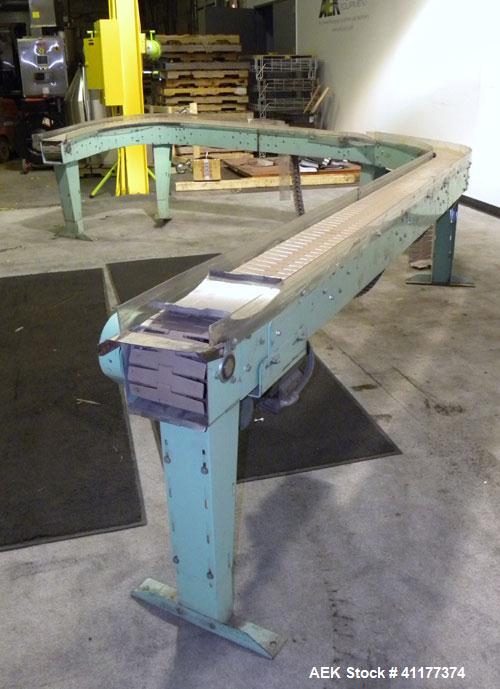 Used Arrowhead Table Top "C" Shape Conveyor. (2) sections with a 90 deg turn, 7 1/2" wide x 8' long straight section, 45 deg turn into a 7 1/2" wide x 10' long straight section. Plastic chain driven ...