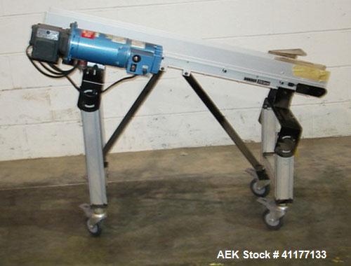 Used Dorner Belt Conveyor, 2100 Series, Model 696499. 3-3/4" wide x 48" long cleated belt. Cleats are 1-1/4" tall and has 5-3/4" between each cleat. Driven by a 1/3 hp gear motor. Mounted on legs wit...