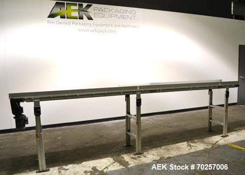 Used Dorner MPB Series Table Top Belt Conveyor, Model 2PMBHS18A-2828. 17" Wide x 166" long plastic belt. Driven by a 0.37kw, 3/60/230/460 volt, 1660/1695 rpm gear motor, ratio 20 to 1. Mounted on an ...