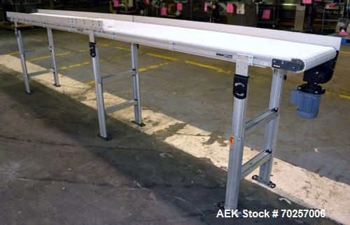 Used Dorner MPB Series Table Top Belt Conveyor, Model 2PMBHS18A-2828. 17" Wide x 166" long plastic belt. Driven by a 0.37kw, 3/60/230/460 volt, 1660/1695 rpm gear motor, ratio 20 to 1. Mounted on an ...