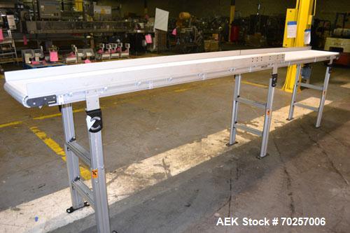 Used Dorner MPB Series Table Top Belt Conveyor, Model 2PMBHS18A-2828. 17" Wide x 166" long plastic belt. Driven by a 0.37kw, 3/60/230/460 volt, 1660/1695 rpm gear motor, ratio 20 to 1. Mounted on an ...