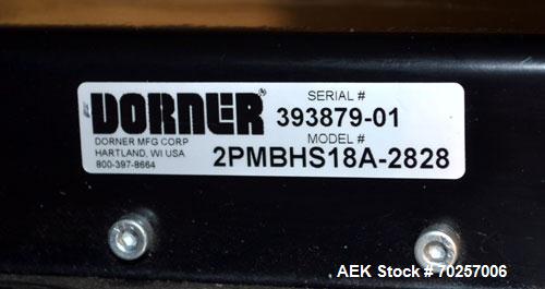Used Dorner MPB Series Table Top Belt Conveyor, Model 2PMBHS18A-2828. 17" Wide x 166" long plastic belt. Driven by a 0.37kw, 3/60/230/460 volt, 1660/1695 rpm gear motor, ratio 20 to 1. Mounted on an ...