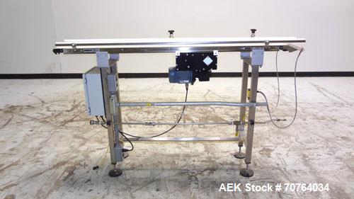 Used Garvey Dorner Model 653M Table Top Belt Conveyor. Has a VEM Motors 1370 rpm drive. Mounted on a stainless steel frame. Has a 5’ (long) x 8” (wide) belt. 3/50/230/400V.

.