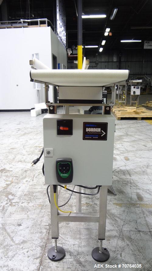 Used Garvey Dorner Model 653M Table Top Belt Conveyor. Has a VEM Motors 1370 rpm drive. Mounted on a stainless steel frame. Has a 5’ (long) x 8” (wide) belt. 3/50/230/400V.

.