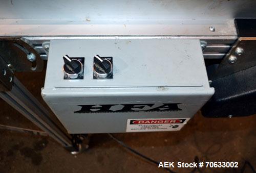 Used HFA Harvard Factory Automation Belt Conveyor.  18" Wide x 156" long belt. Driven by a 1/6 hp, 1/60/115 volt gear motor, ratio 106 to 1, output 82 rpm. Mounted on a manually adjustable height alu...