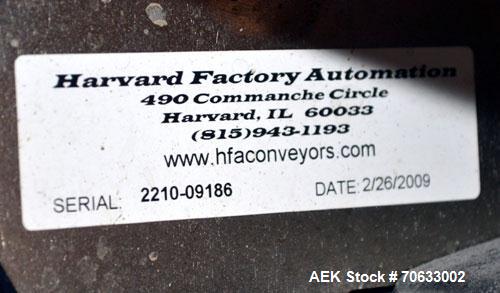 Used HFA Harvard Factory Automation Belt Conveyor.  18" Wide x 156" long belt. Driven by a 1/6 hp, 1/60/115 volt gear motor, ratio 106 to 1, output 82 rpm. Mounted on a manually adjustable height alu...