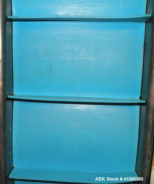 Used Hytrol Incline Belt Conveyor, Carbon Steel. Approximately 10" wide x 96" long belt with 6" long x 1-1/2" deep pockets. 84" discharge height. Driven by a 1/2 HP, 1/60/115-208/230 Volt, 1725 RPM m...