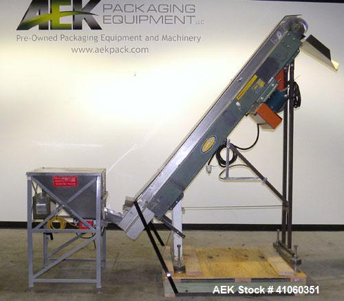 Used Hytrol Incline Belt Conveyor. Approximately 8" wide x 96" long neoprene belt6" cleat centers, 2" cleat ht, 4" statinless steel side walls.84" discharge height. Driven by a 1/2hp, 1/60/115-208/23...