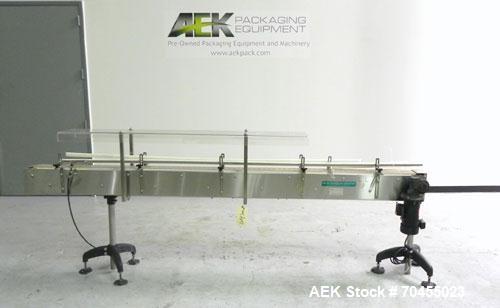 Used Inline Filling Systems Stainless Steel Belt Conveyor. Conveyor is 10’ (long) and has a 4.5” (wide) plastic chain. Has a Dayton 2M168D .5 hp DC drive motor (CE certified). 3/60/110V.