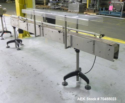 Used Inline Filling Systems Stainless Steel Belt Conveyor. Conveyor is 10’ (long) and has a 4.5” (wide) plastic chain. Has a Dayton 2M168D .5 hp DC drive motor (CE certified). 3/60/110V.