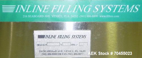 Used Inline Filling Systems Stainless Steel Belt Conveyor. Conveyor is 10’ (long) and has a 4.5” (wide) plastic chain. Has a Dayton 2M168D .5 hp DC drive motor (CE certified). 3/60/110V.